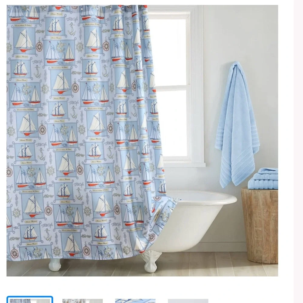 Ocean sea life shower curtain theme schooner sailboat anchor rope knots euc